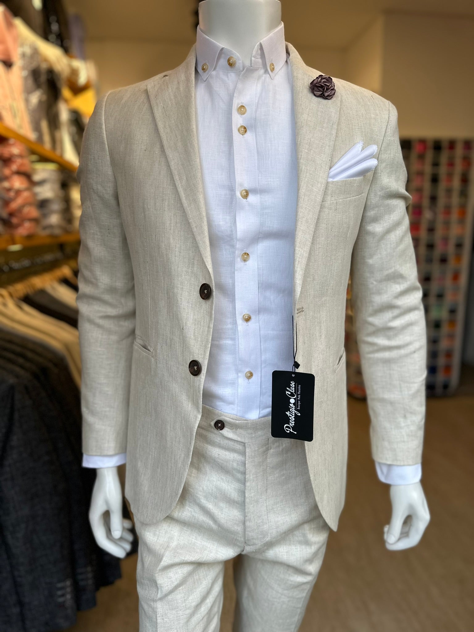 Traje Lino Beige Semi-Slim, Dos piezas